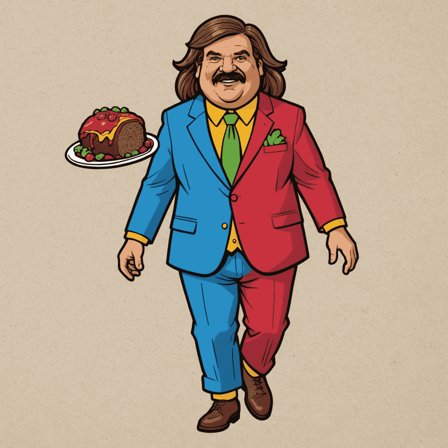 PantsuitMeatloaf logo featuring a quirky illustration of a meatloaf wearing a colorful pantsuit