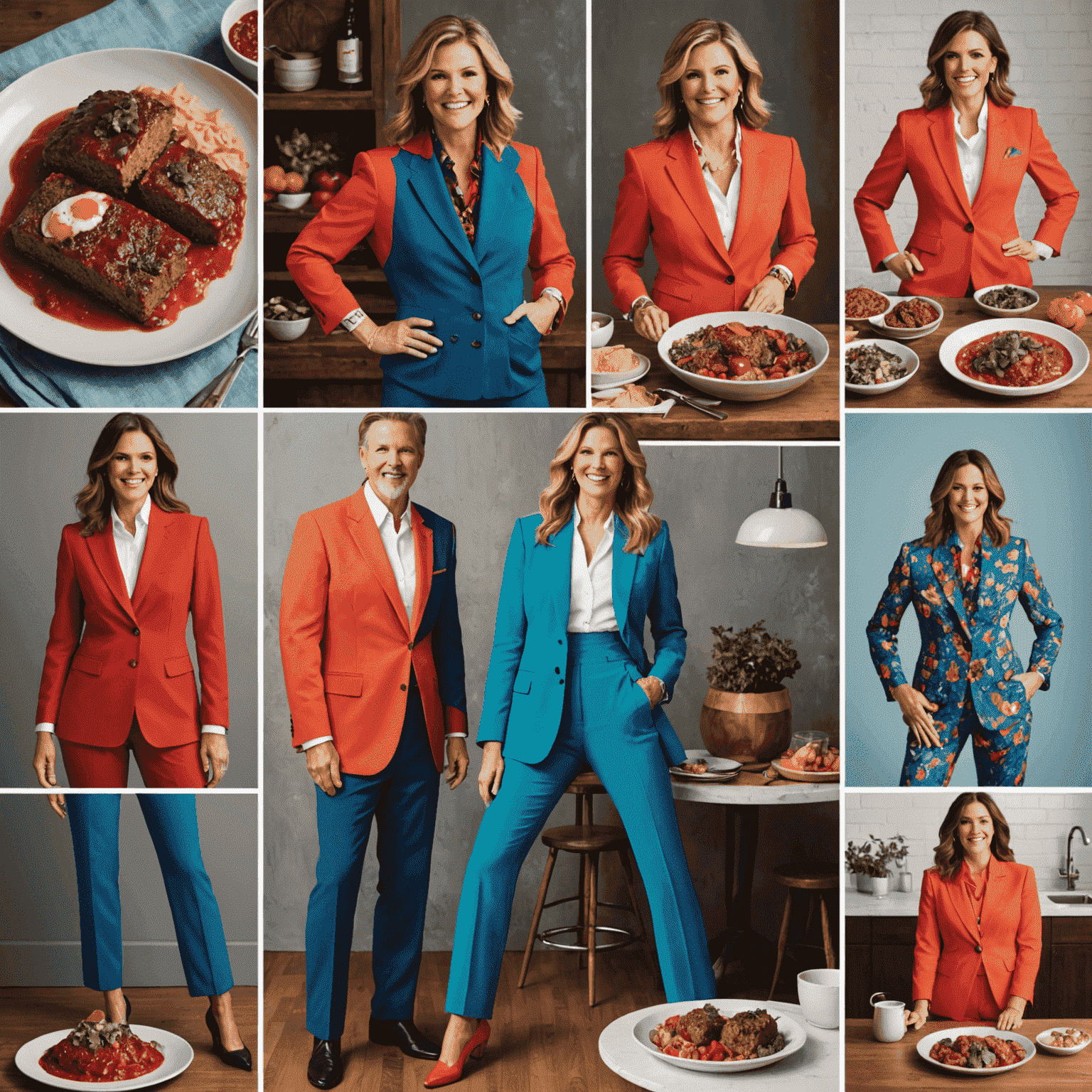 Collage of colorful meatloaf dishes and stylish pantsuits, showcasing the fun and creative spirit of Pantsuit Meatloaf blog