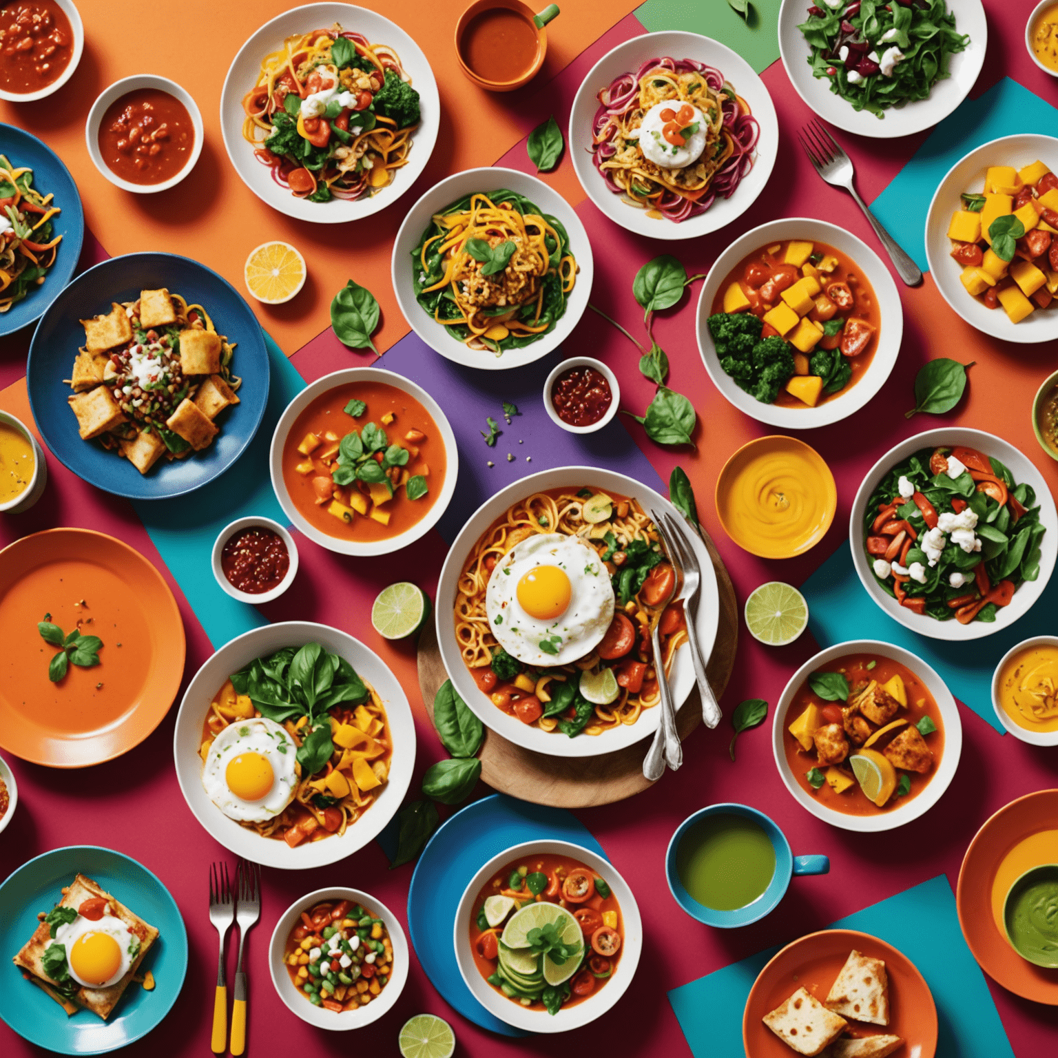 A vibrant collage of colorful dishes next to equally colorful outfits, showcasing the fusion of food and fashion trends
