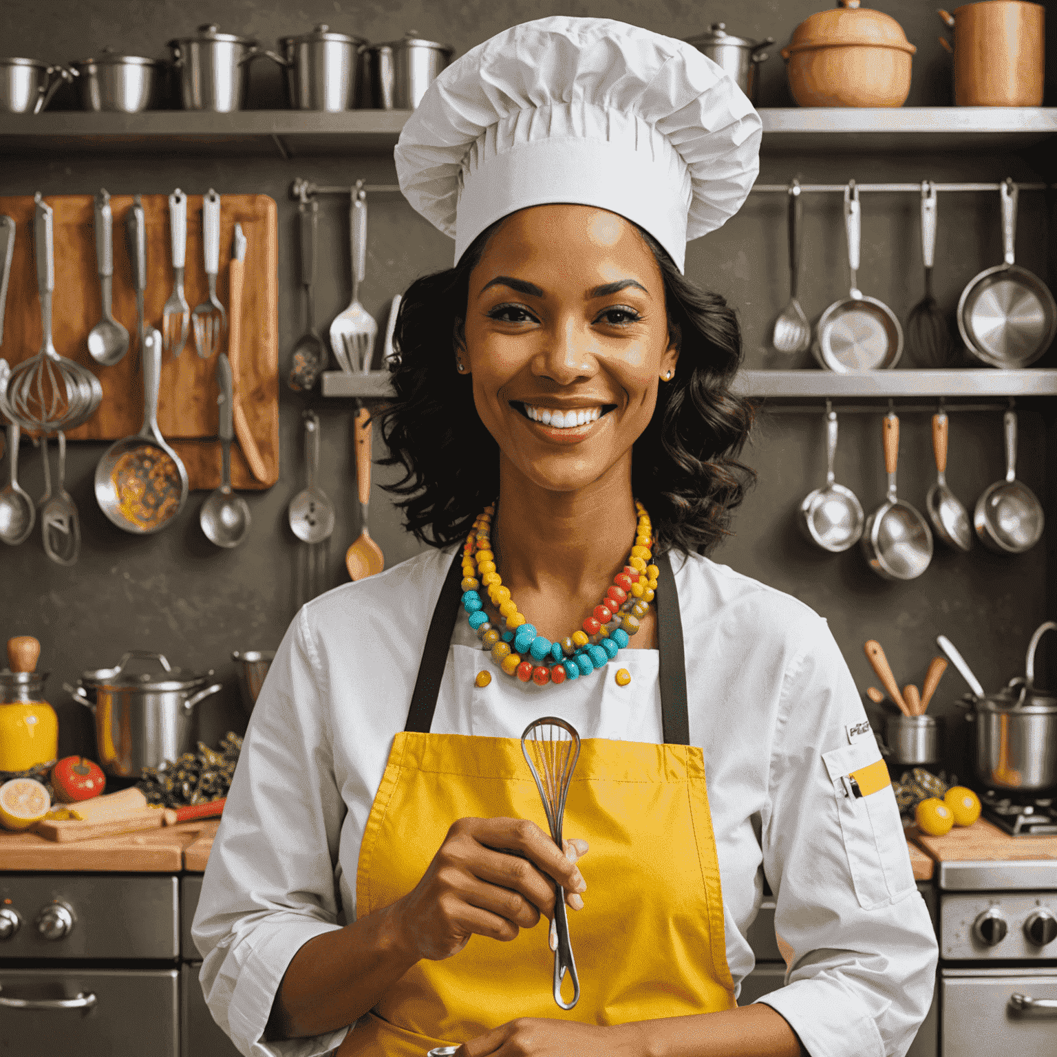 A stylish chef wearing a bright yellow apron with multiple pockets filled with colorful kitchen utensils that look like fashion accessories. The chef is smiling and holding a whisk that resembles a statement necklace.