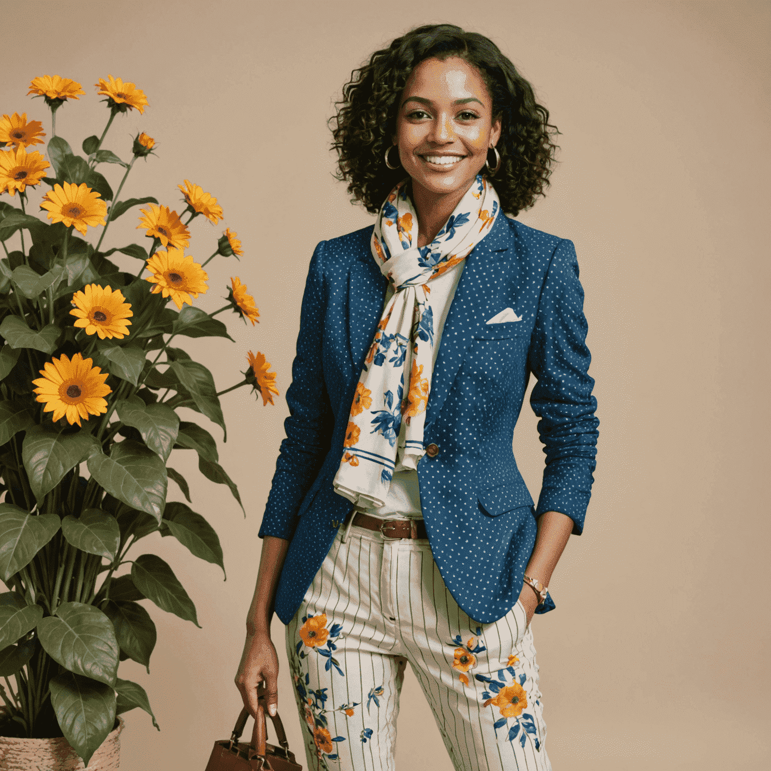 A cheerful woman mixing patterns in her outfit, wearing a polka dot blazer with striped pants and a floral scarf