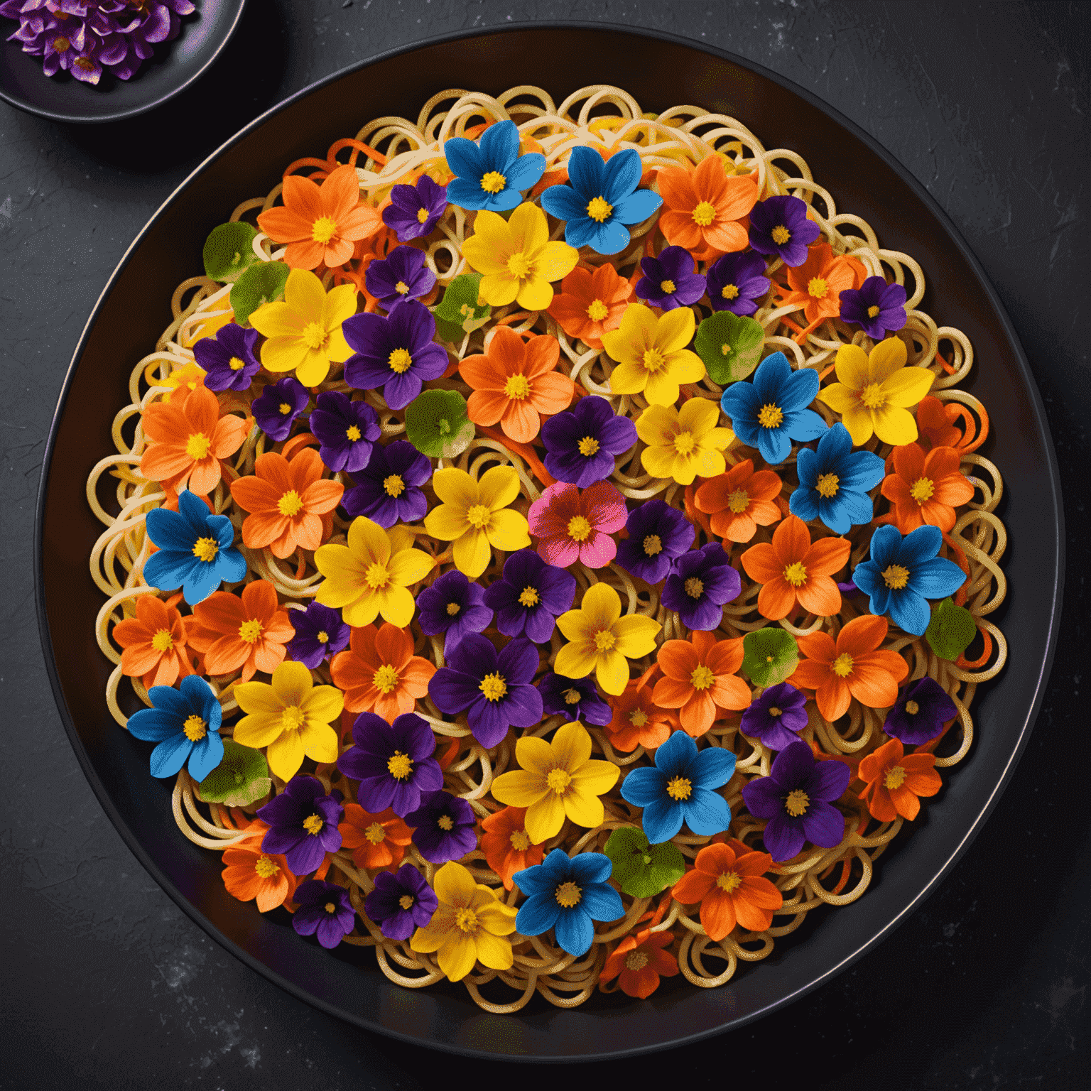 A bowl of multicolored neon noodles topped with glowing edible flowers, served on a dark plate for maximum effect