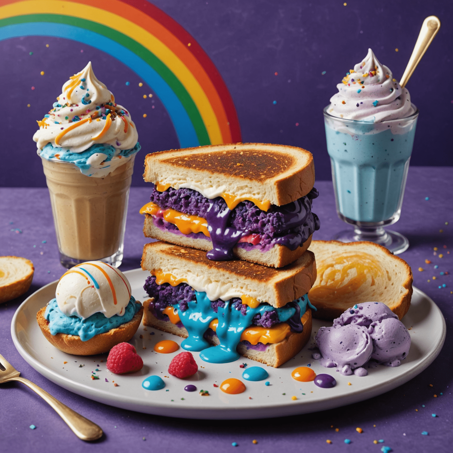 A spread of colorful comfort foods including a rainbow grilled cheese sandwich, swirled purple and blue mashed potatoes, and a scoop of galaxy-themed ice cream
