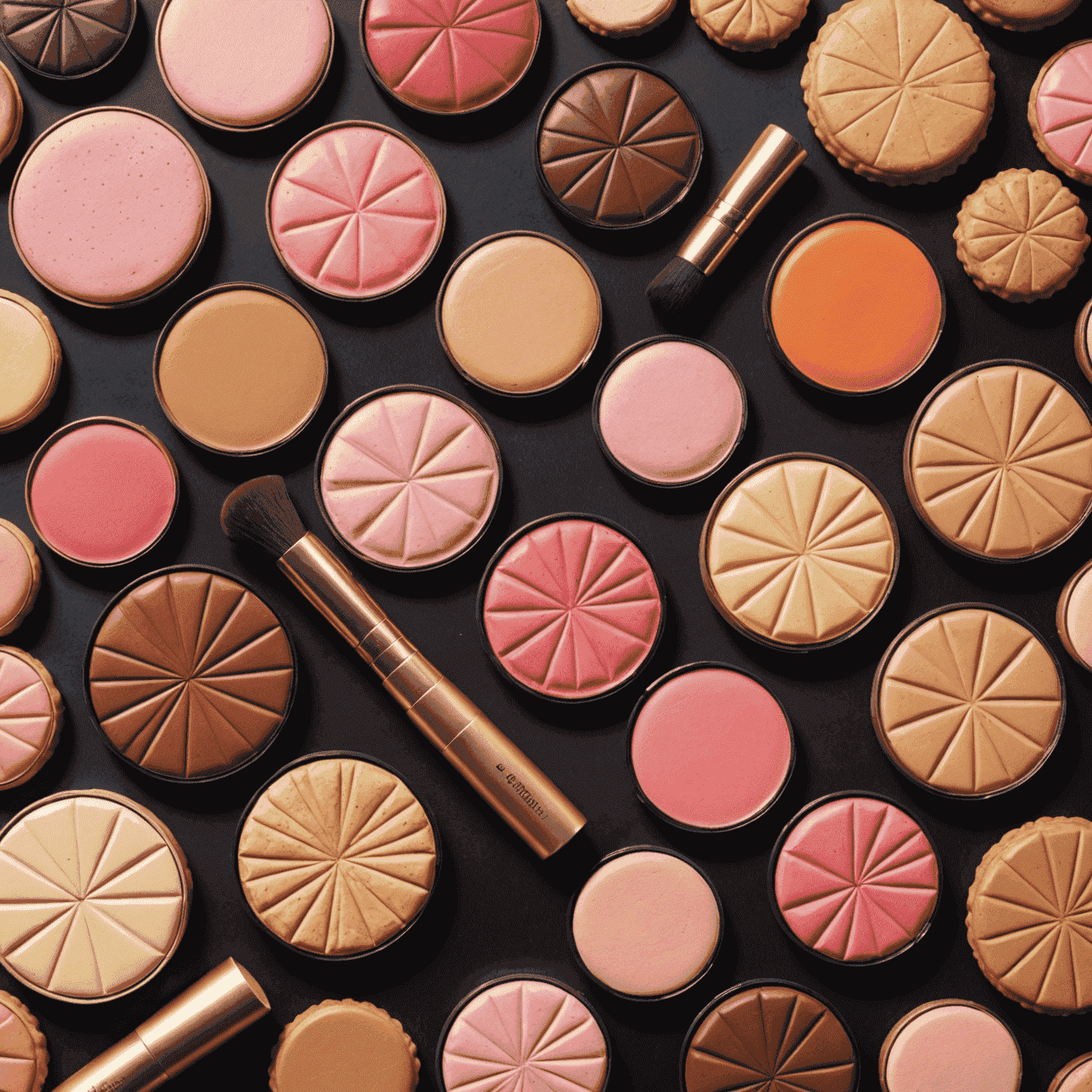 A collection of makeup palettes designed to look like various desserts, with eyeshadows and blushes resembling cakes, cookies, and pastries